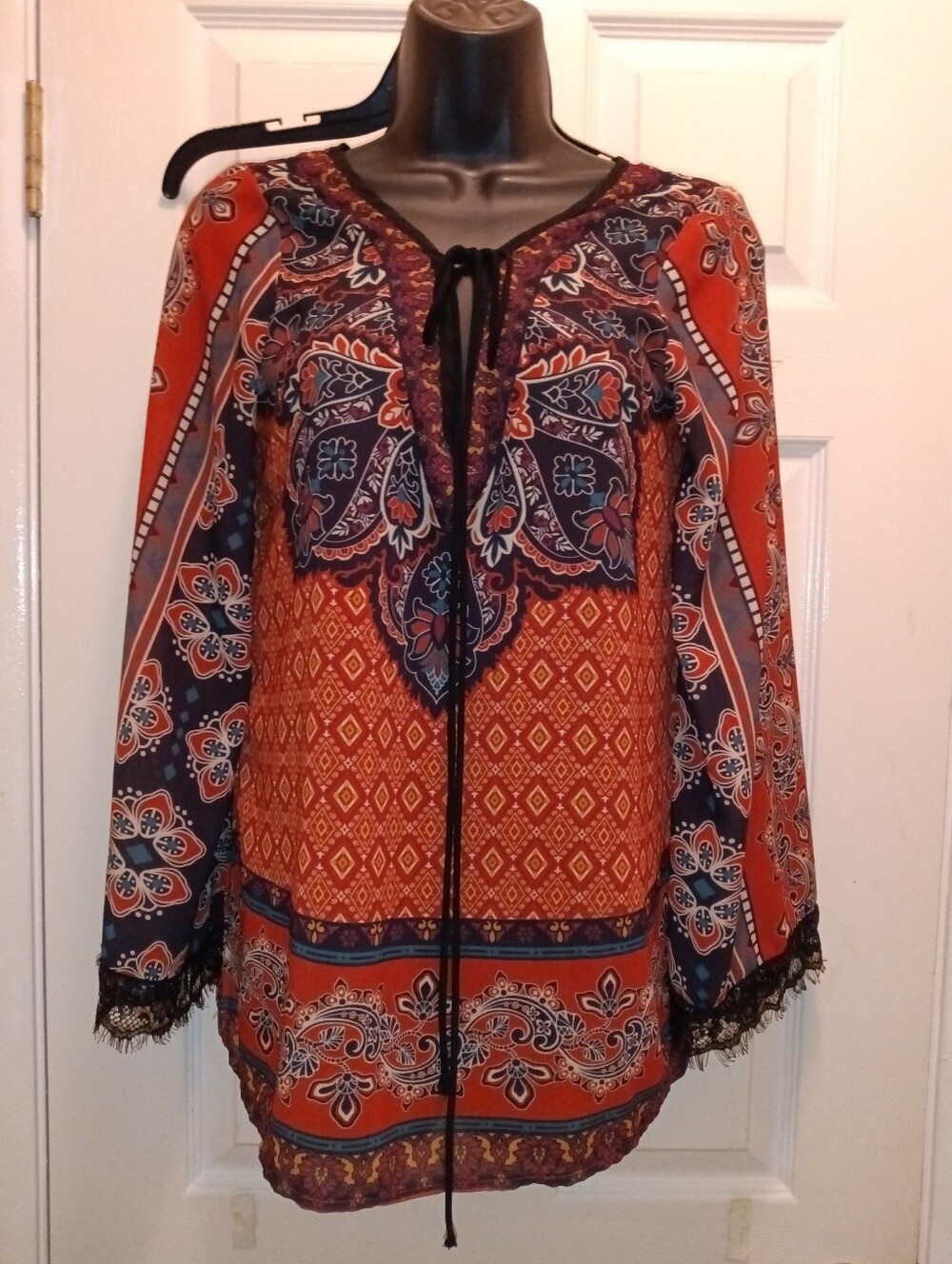 Flying Tomato Orange and Navy Paisley Tie-Front Tunic